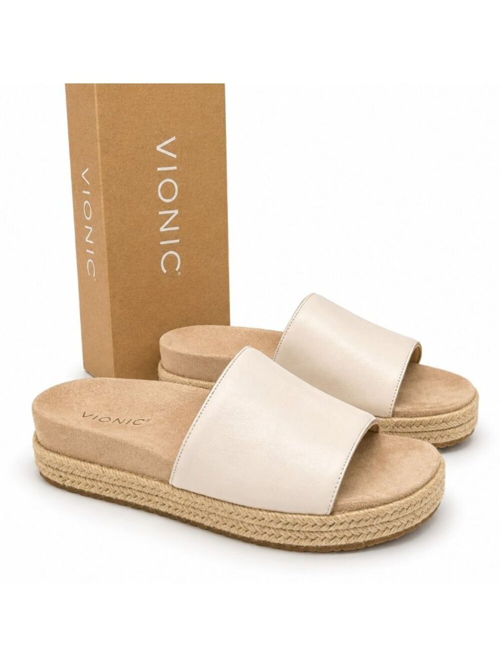 Vionic Yasmina Supportive Sea Salt Leather Slide Sandals Women’s 8.5 Comfort